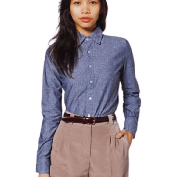 EUC American Apparel Unisex Long Sleeve Button Down RSACP400SA Blue Cham… - Picture 1 of 6